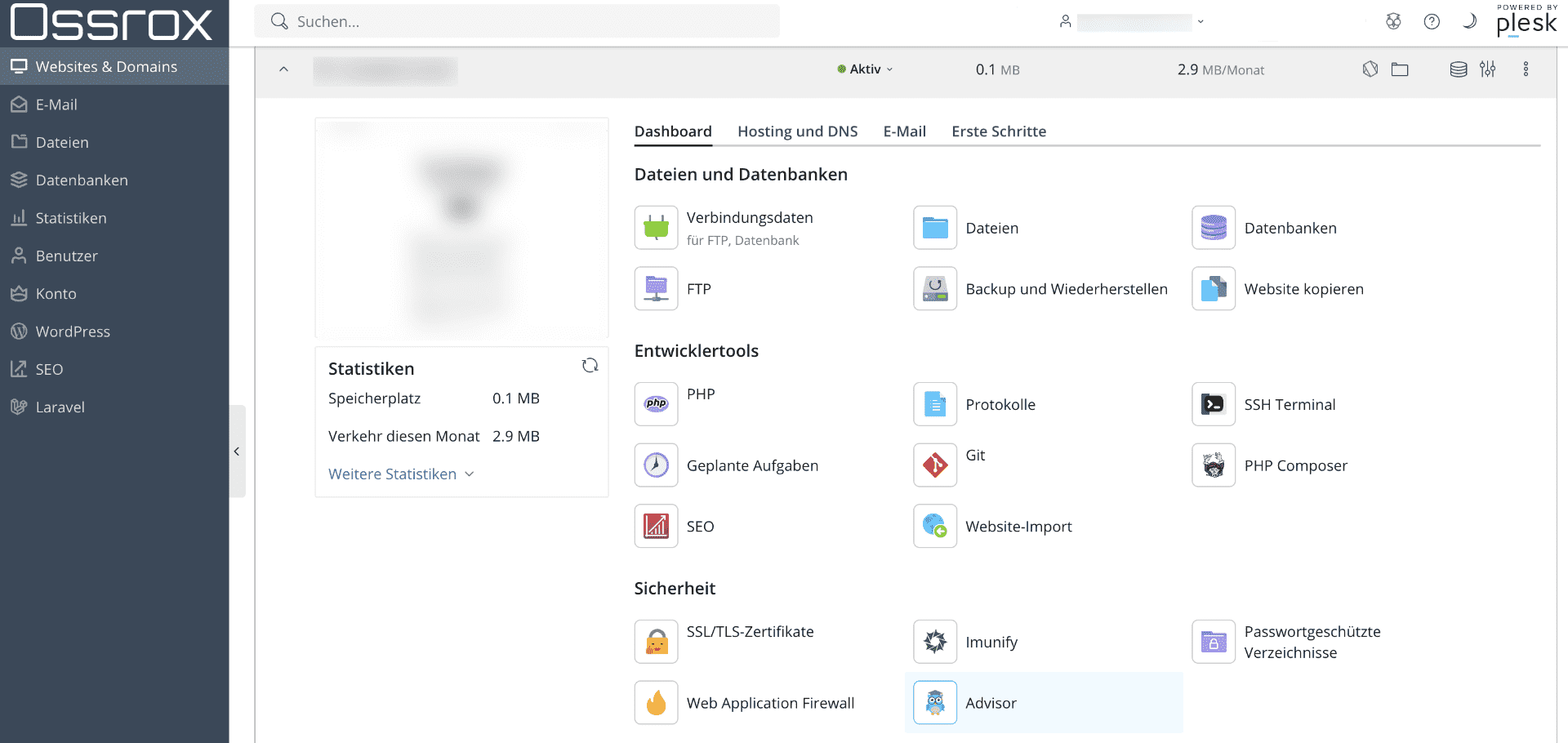 Plesk Control Panel – Übersicht der Webhosting-Verwaltung